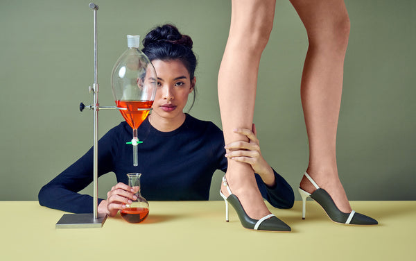 Malone Souliers AW20 Campaign Featuring Marion Army Green Leather Slingback Heels