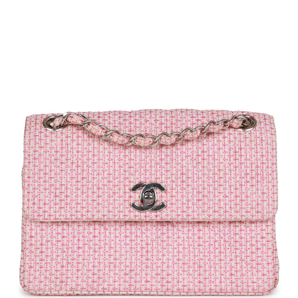 Vintage Chanel Classic Mini Flap Bag Pink Tweed Silver Hardware