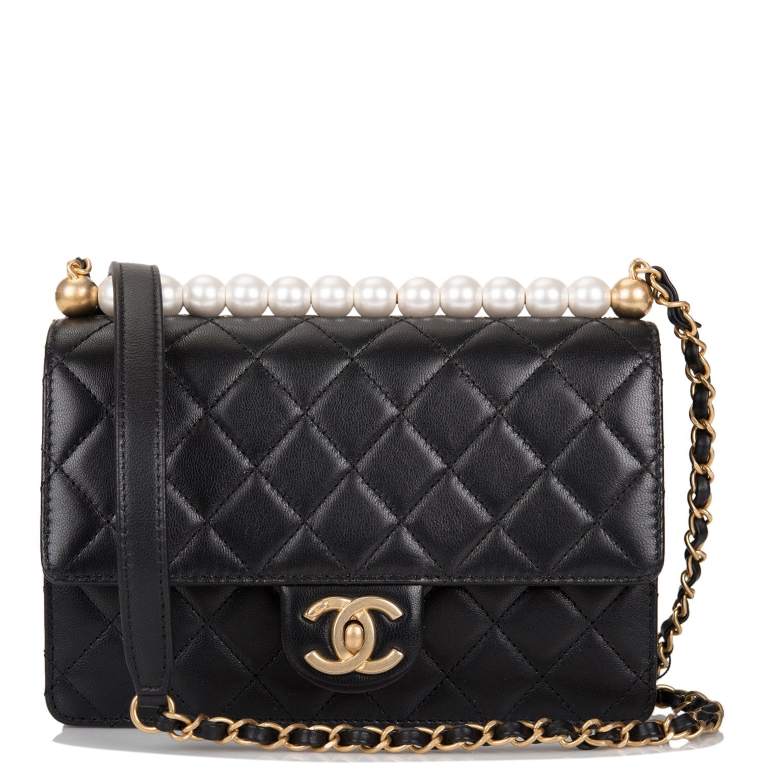 chanel flap bag with pearl chain