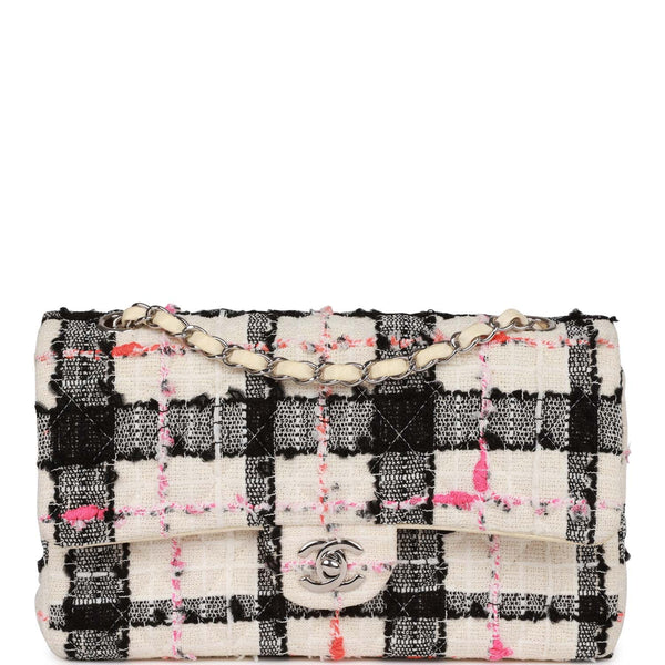 Pre-owned Chanel Medium Classic Double Flap Bag White, Black, and Pink Tweed Silver Hardware