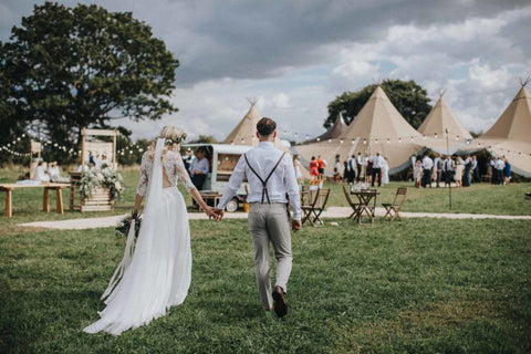 Ash and Abbi from Save the Date Magazine Festival Wedding - White Wedding Umbrellas, lots of bridesmaids, food trucks and the best outdoor wedding vibe ever!