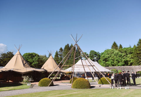 Papakata Scotland at Loch Lomond Golf Club - stunning meadow and walled garden wedding featuring our lovely wedding umbrellas and hired umbrella stands for the festoon walkway