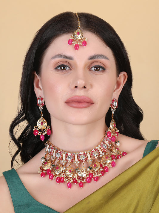 Enamel Coated Pink Pearls Beaded Kundan Choker Set