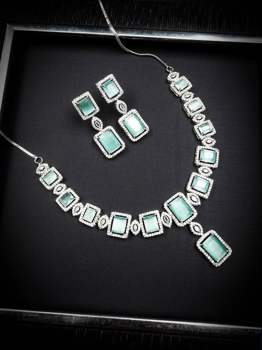 Stunning Turquoise Big Square Cubic Zirconia Necklace Set | Glamorous Jewelry