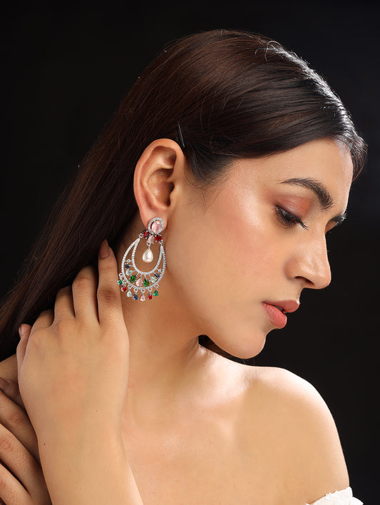 Magnificient Multicolor American Diamond Drop Earrings in Silver Tone - Shop Now!