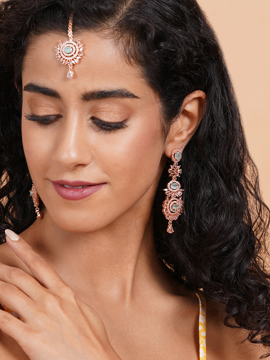 Ravishing Rose Gold Plated CZ Studded Long Drop Earrings-Mangtika Set | Shop Now