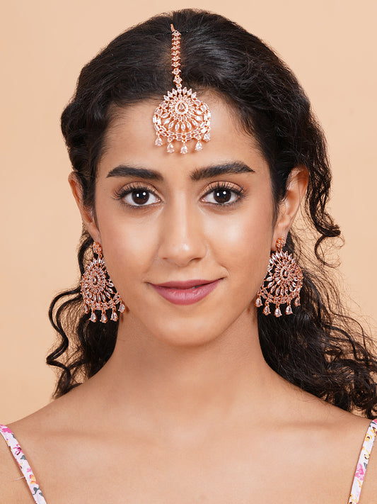 CZ Studded Rose Gold Drop Style Earrings and Maangtika Set | Shop Now