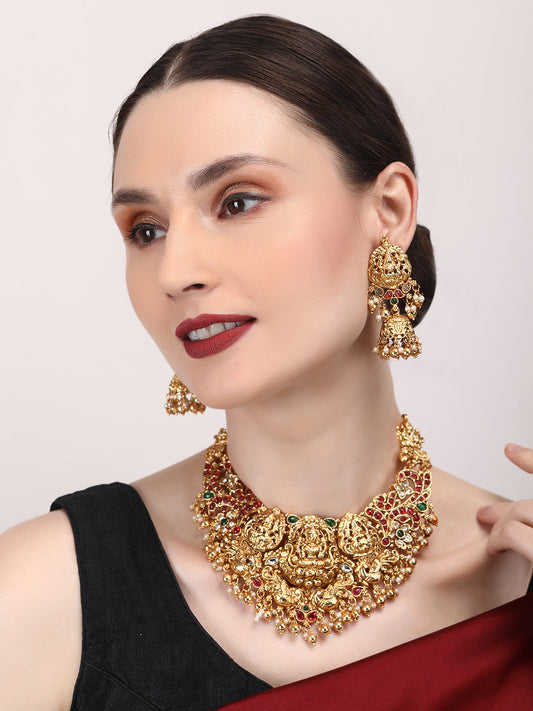 Gold Plated Temple Necklace Set With Jhumkas