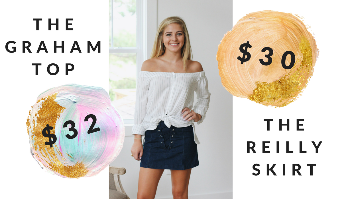 Graham off the shoulder button up pinstripe top and the reilly lace up jean skirt