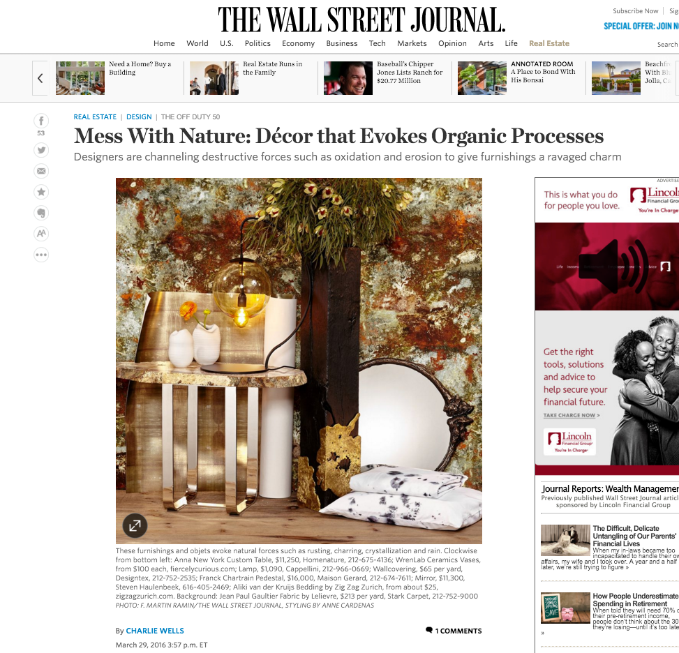 Wall Street Journal  ZigZagZurich Mess With Nature: Décor that Evokes Organic Processes