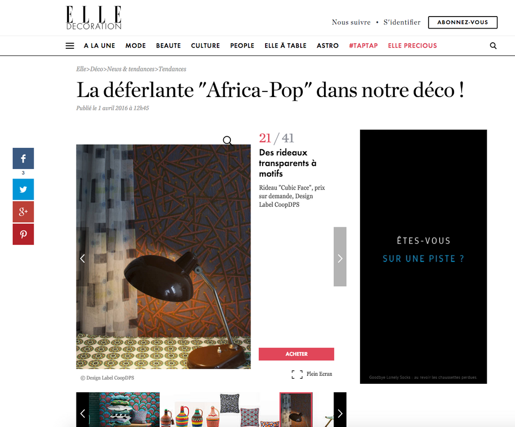 Elle France x CoopDPS ZigZagZurich La déferlante "Africa-Pop" dans notre déco ! Publié le 1 avril 2016
