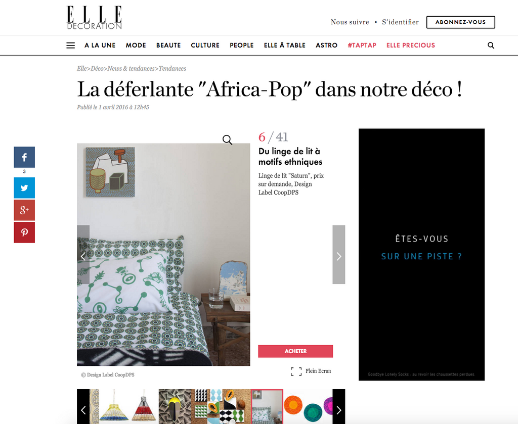 Elle France x CoopDPS ZigZagZurich La déferlante "Africa-Pop" dans notre déco ! Publié le 1 avril 2016 