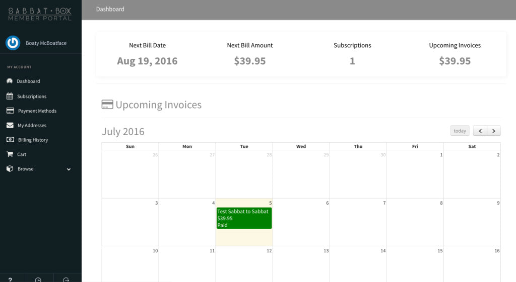 New Sabbat Box Member Portal Dashboard