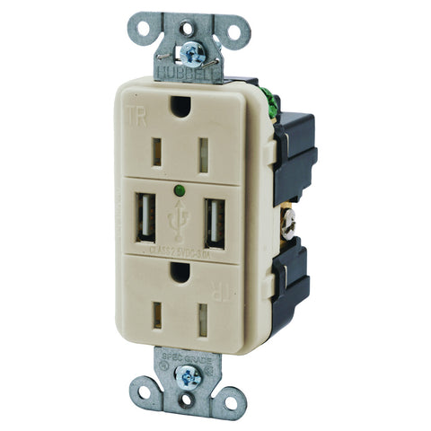 Hubbell Tamper Resistant USB Charger Duplex Receptacle, 15 Amp, Light Almond