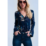 Navy bodysuit with light blue flowers - Ceiba Imports