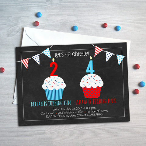 Patriotic Cupcake Sibling Birthday Invitation