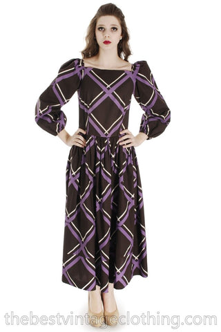 Vintage 70's Marimekko Purple And Brown Plaid Maxi Gown