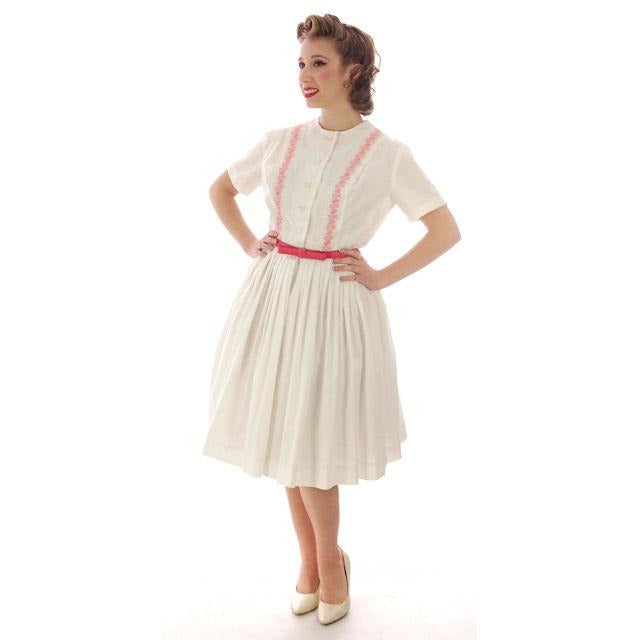 Vintage Day Dress White  w/Pink Embroidery Bobbie Brooks 1950s 36-26-Free