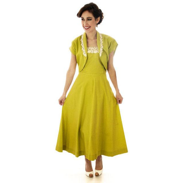 Vintage Sun Dress Chartreuse Green Cotton Full Skirt/Bolero Jacket 1940s 34-28-Free