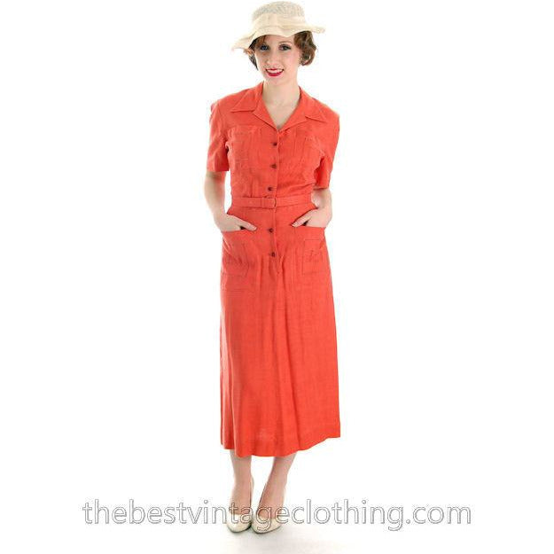 Vintage Linen Day Dress 1940s Papaya Colored L'Aiglon 35-25-36