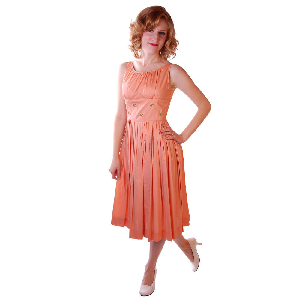 Vintage Peach Cotton Day Dress NWOT 1950S 32-26-Free Peggy Paige