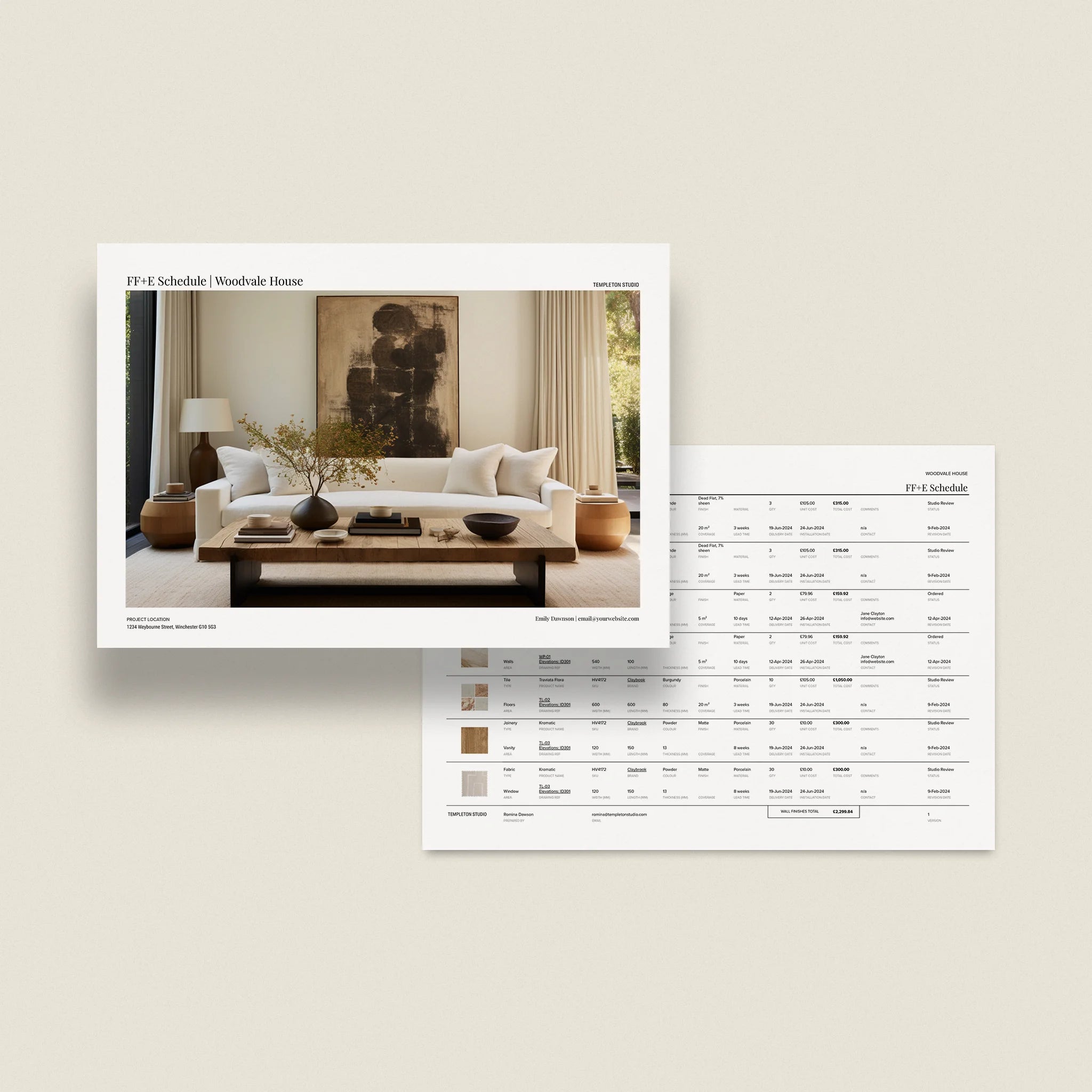 interior design ffe schedule template with a living room layout cover page and schedule.