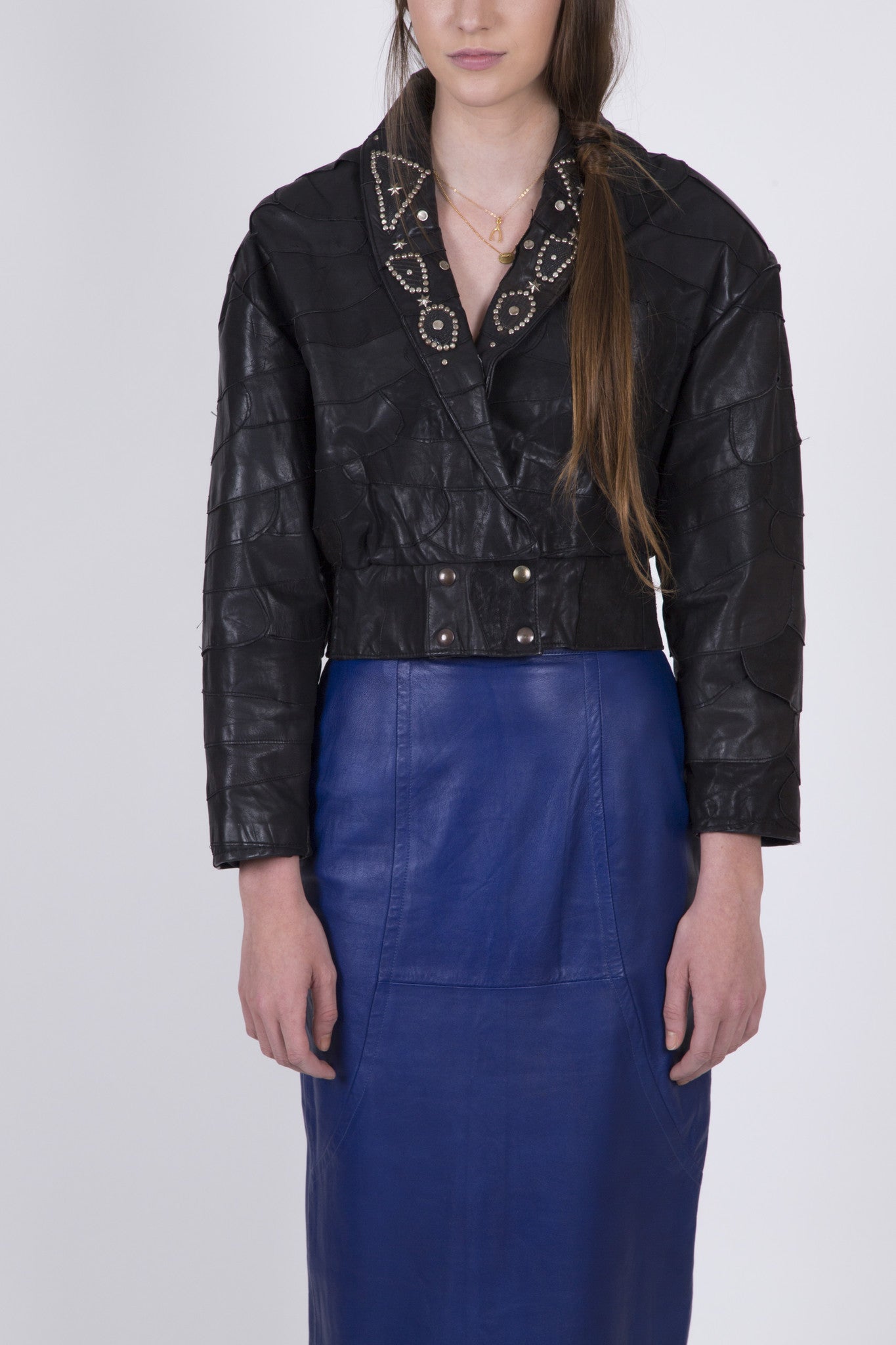 Neo Rock Black Vintage Leather Jacket with Studs: Size Medium