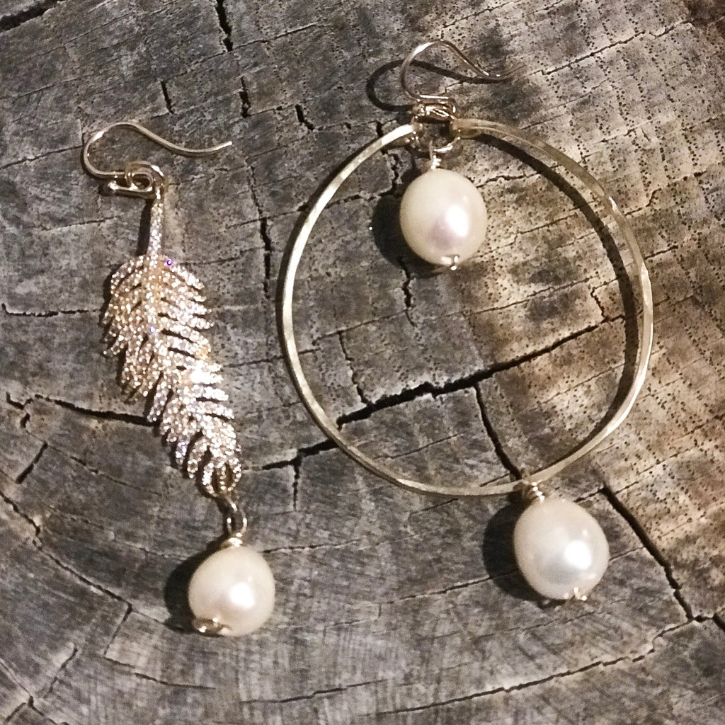 The Cali 14K GF Pearl and Pave Feather Mismatched Earrings
