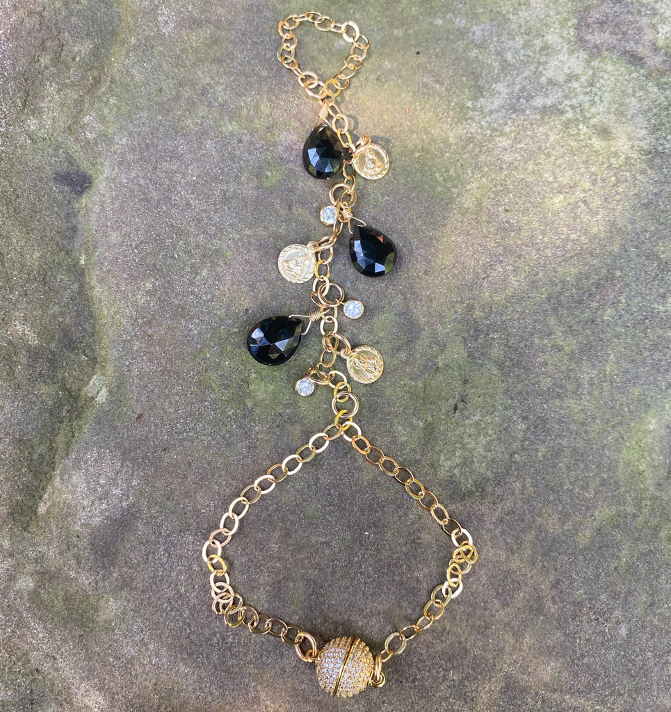 Black Spinel CZ and Jesus Charm Hand Chain Bracelet