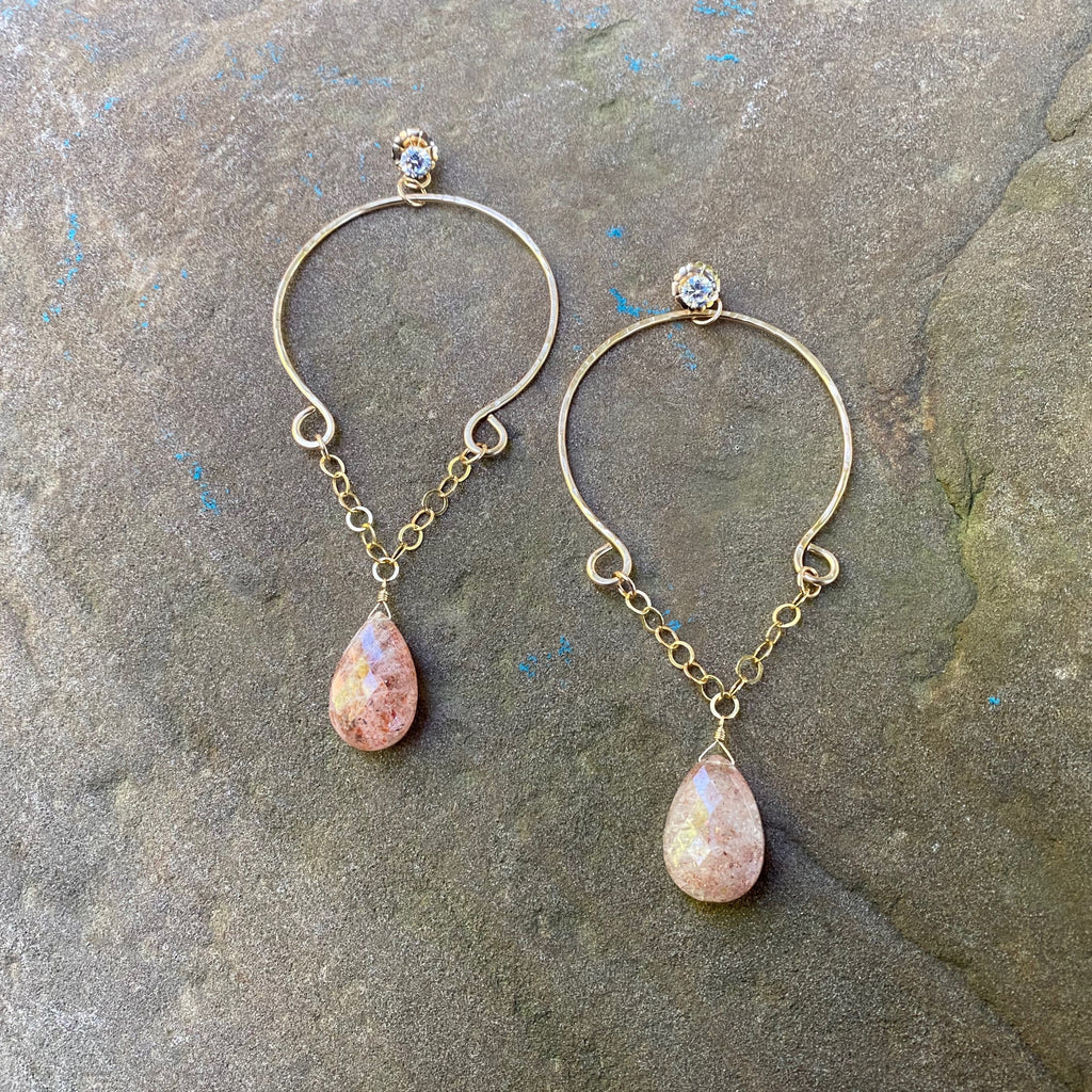 14K Gold Filled Sunstone Hoops with Cz Studs