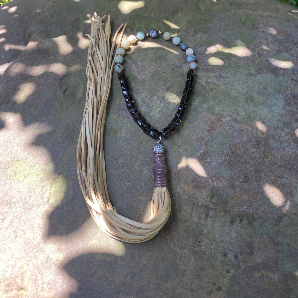 Amazonite and Faceted Smoky Quartz Tassel Necklace