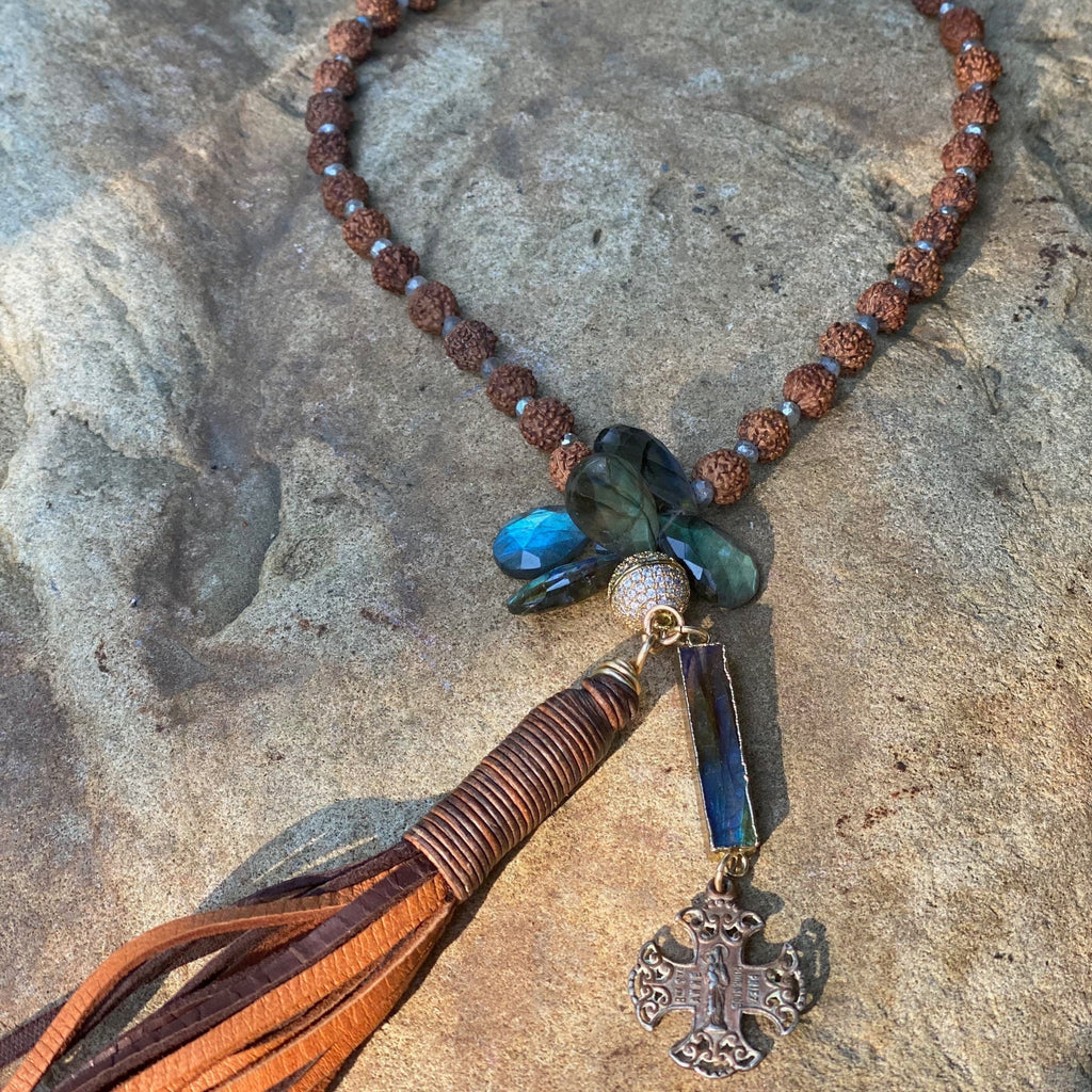 Tree Seed and Faceted Labradorite Tassel Necklace 