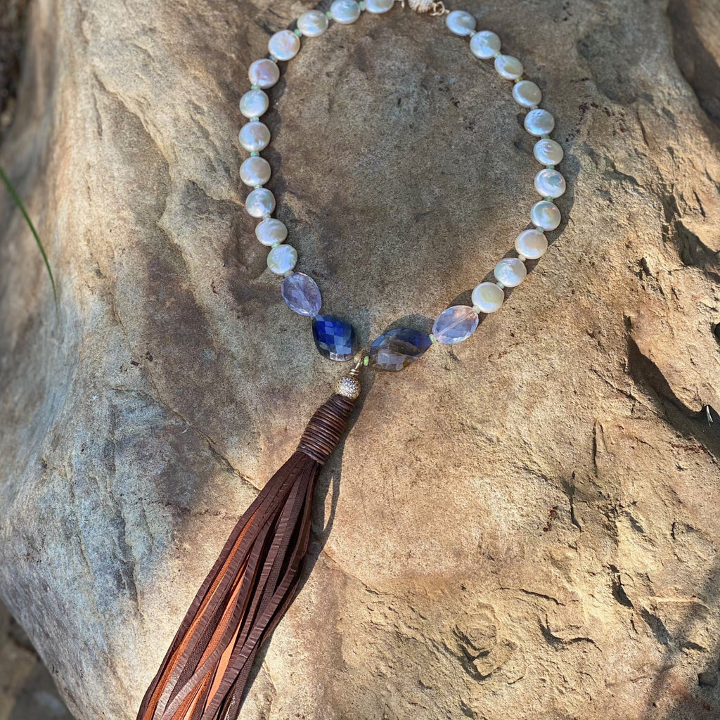 Freshwater Coin Pearl, Scorolite, and Labradorite Tassel Necklace