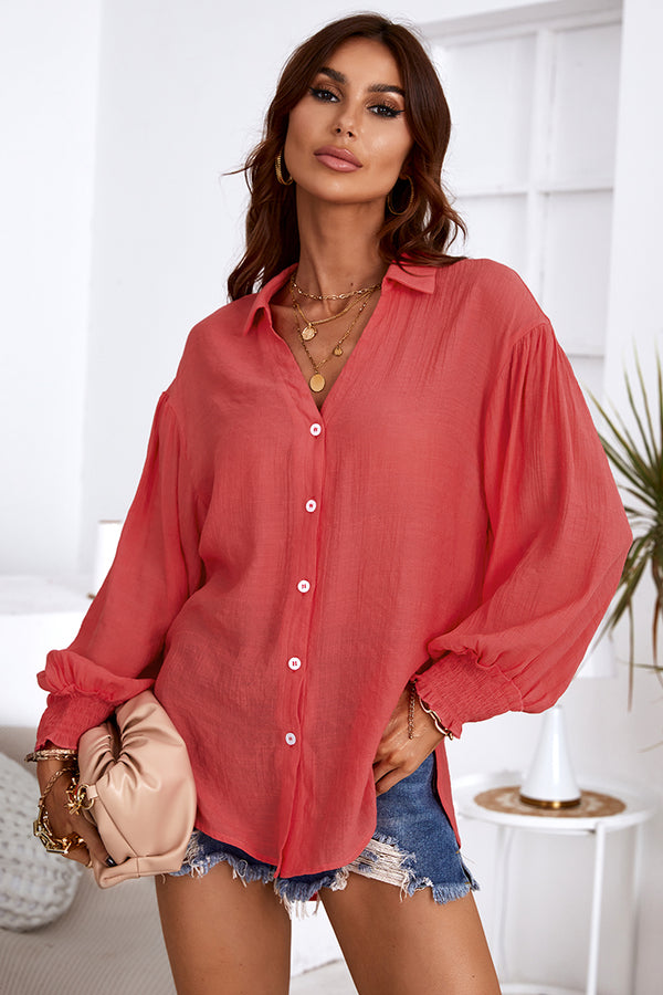 Anjanette Pink Bubble Sleeve Botton Up Cover Up