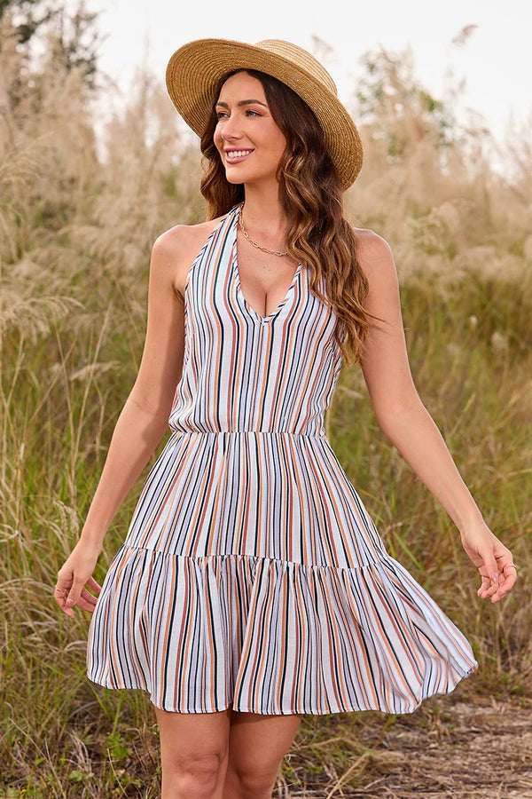 Lacey Striped Ruffle Halter Dress