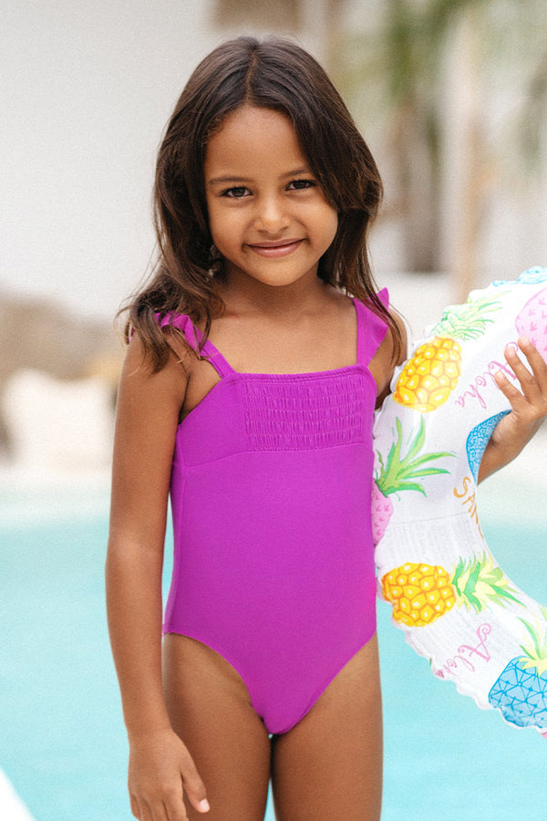 Girls’ Omniscient Solid Smocked Ruffled One Piece Swimsuit