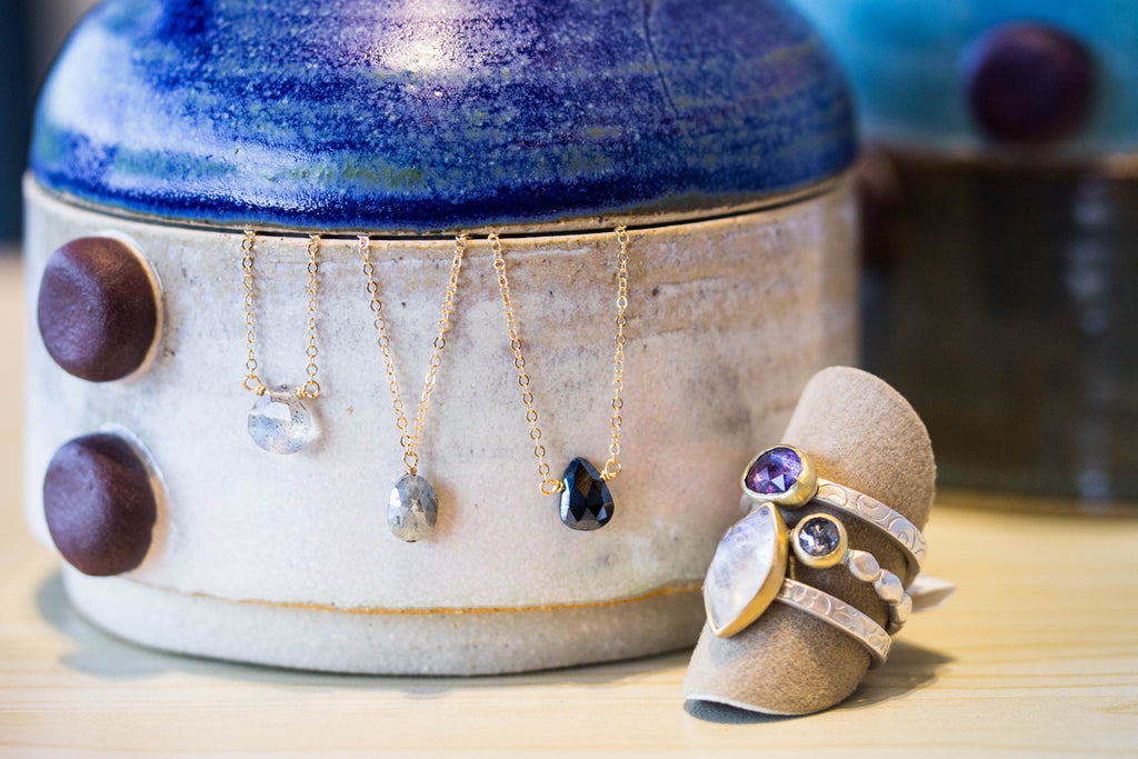 Semi-precious gemstone necklace and rings by Kozakh and Martha Sullivan