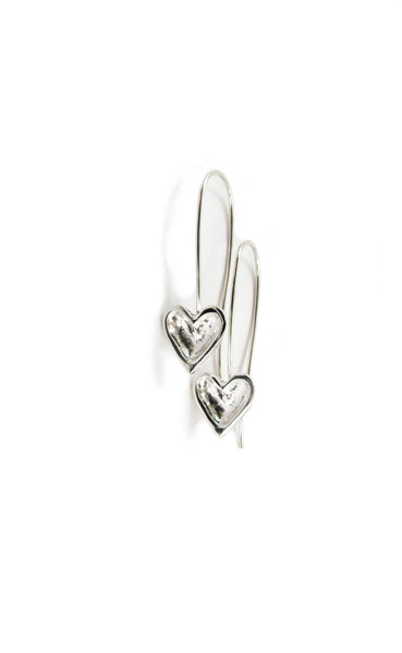 long silver open heart earrings Long earrings featuring sterling silver open hearts with black patina centres hanging from hand crafted sterling silver shepherds hooks.