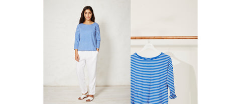 breton stripe women loose fit long sleeve organic cotton top t-shirt light blue white ethical sustainable