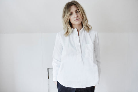 white cotton shirt woman placket casual relaxed chest pocket ethical sustainable eco