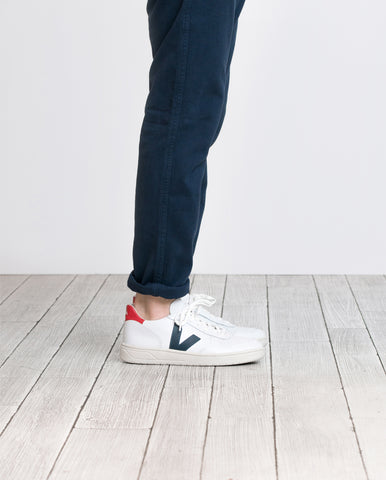 ethical sustainable shoes Veja white blue red