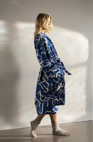 navy blue white hand printed robe dressing gown ethical sustainable eco-friendly women cotton khadi