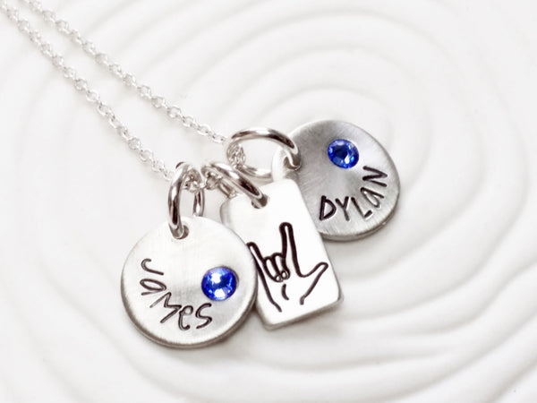 Birthstone Necklace Personalized I Love You Necklace ASL Sign Language Necklace I Love You To the Moon and Back Hand Stamped Jewelry
