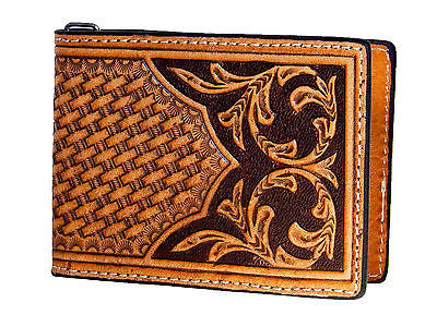 Nocona Mens Western Leather Money Clip/Credit Card Holder/Tooled/Brown