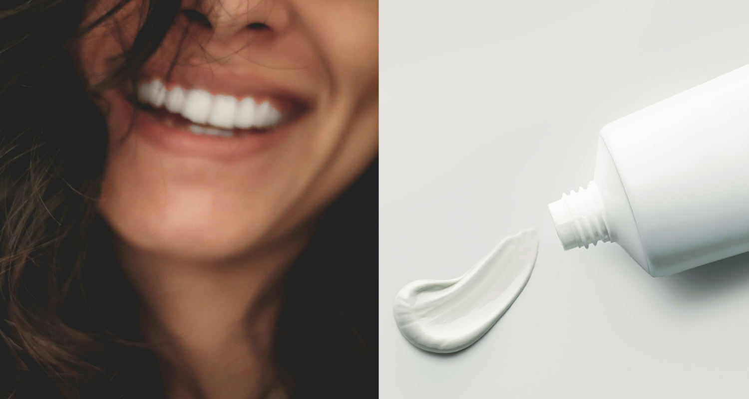 在左边, face of a woman smiling with her teeth, 在右边, a tube of toothpaste smearing toothpaste |态度