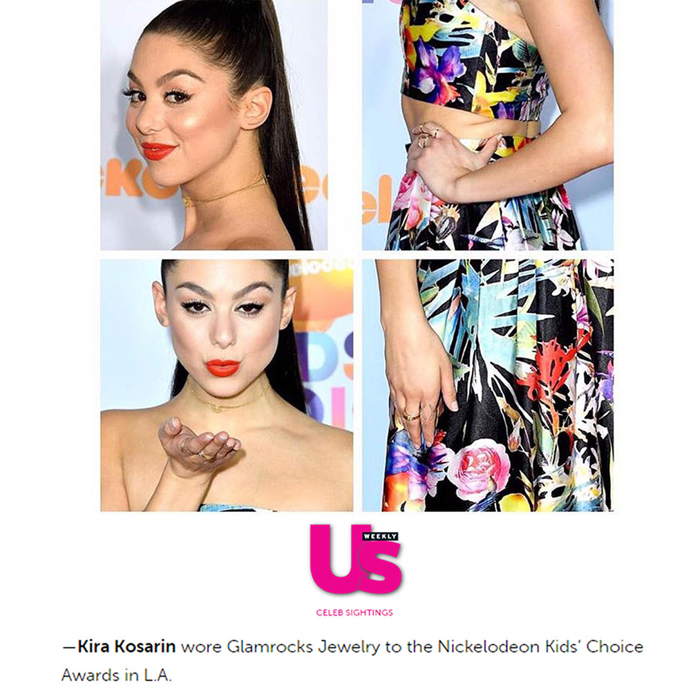US Weekly snippet showing Kira Kosarin wearing Glamrocks Jewelry