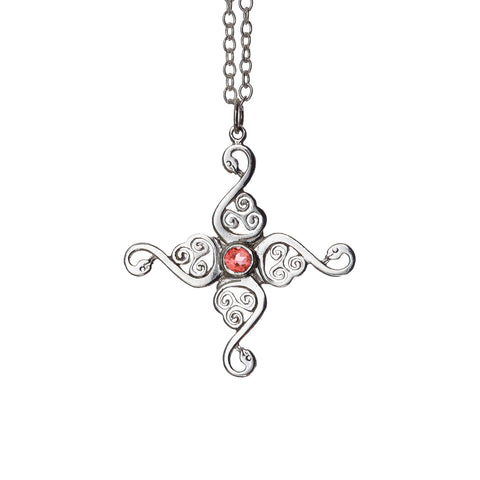 The Four Swan Lir Cross with a gorgeous Garnet gemstone.