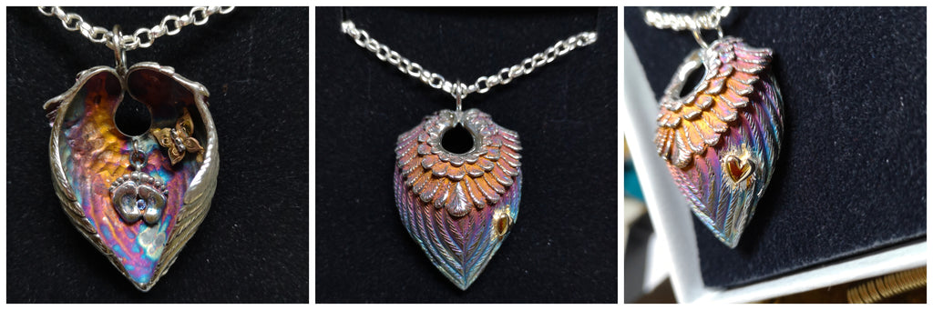 A look at the front and make of the three dimensional Bespoke Guardian Angel Wings Pendant with baby feet inside.