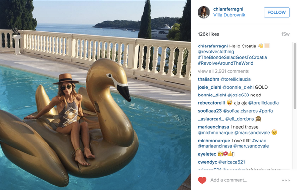 Chiara Ferragni on the FUNBOY Gold Swan Pool Float