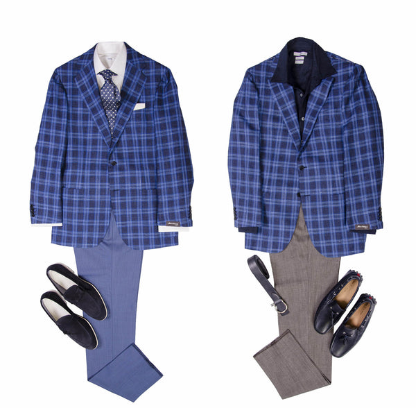 A well considered bold check goes a long way in men’s style. The fresh blues of this Sartorio Napoli piece are perfect for the brightest of sunshine, we were already raveing about, why this material is the ultimate summer jacketing cloth (Ide be lehet szúrni linknek az előző posztot.) The look on the left is a great option to attend summer weddings as a guest.  As dress codes becoming more and more casual, wearing a full suit is not always needed. Maked sure to check out the location and time, feel for the environment always helps to determine the outfit to go for. The tonal pairing of the jacket and pants have a celebratory feel, the crisp white and neatly folded pocket square brings the necessary contrast. The foulard patterned tie is optional, a navy blue silk knit is a great alternative, for a more restrained proposition.   On the contrary, the second look is to enjoy „regular” occasions. Lunch with the family or drinks with your friends, all important happenings of day-to-day life. The navy linen shirt is key to achieve the laid back, but still elegant impression. A great summer essential, which works also, when you need to take your jacket off. The dark khaki pants „break” the blues in the look, to maintain the casual feel. The driving loafers feel a bit more serious in calf, rather than suede, which balances out elegant/informal feel well.